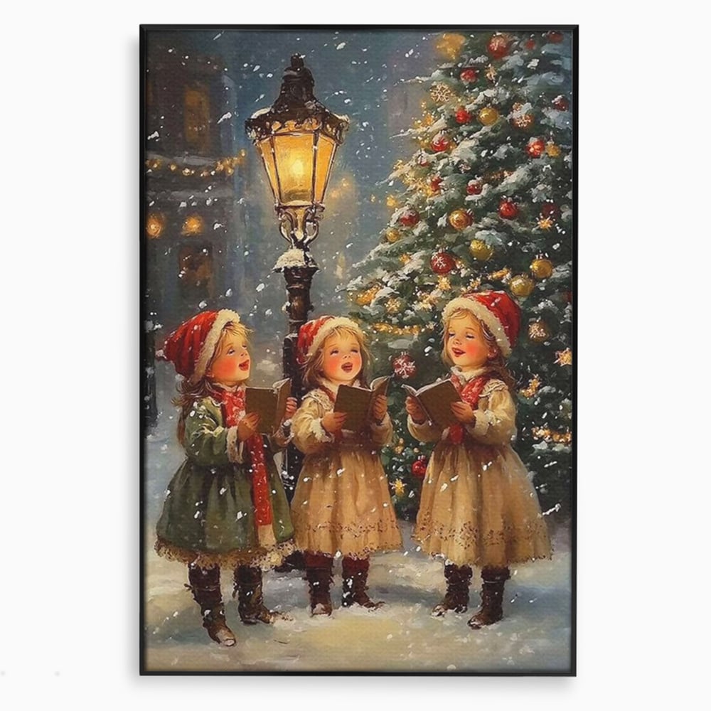 Fotoleinwand Leinwand Premium, LuxCanva® D1129, Sternsinger in der Heiligen Nacht, Weihnachtslieder, Winter, Magie, Singen, Mädchen, Kindheit, Kindheit, Felinar, Tanne, Lächeln, Tradition, Emotion, Wohnen, Schlafzimmer
