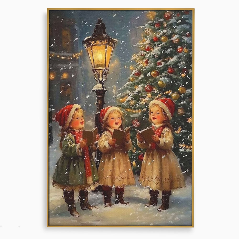 Fotoleinwand Leinwand Premium, LuxCanva® D1129, Sternsinger in der Heiligen Nacht, Weihnachtslieder, Winter, Magie, Singen, Mädchen, Kindheit, Kindheit, Felinar, Tanne, Lächeln, Tradition, Emotion, Wohnen, Schlafzimmer