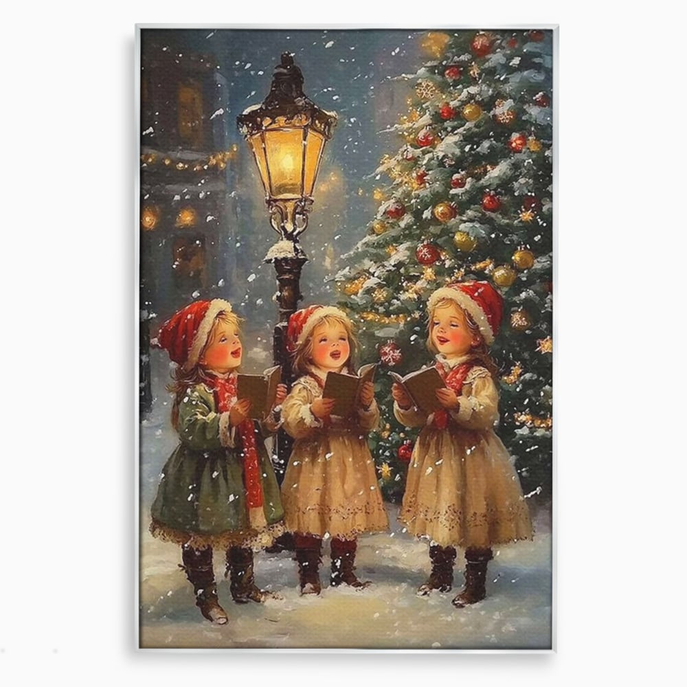 Fotoleinwand Leinwand Premium, LuxCanva® D1129, Sternsinger in der Heiligen Nacht, Weihnachtslieder, Winter, Magie, Singen, Mädchen, Kindheit, Kindheit, Felinar, Tanne, Lächeln, Tradition, Emotion, Wohnen, Schlafzimmer