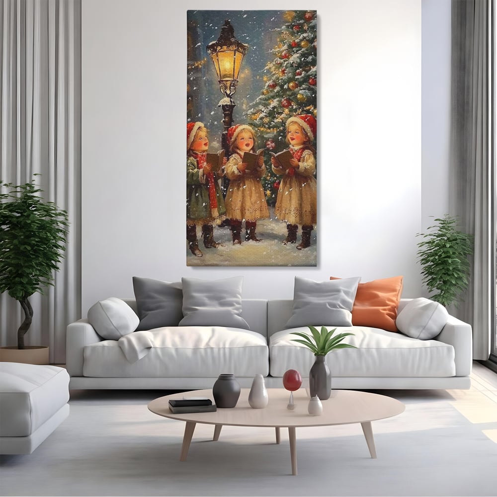 Fotoleinwand Leinwand Premium, LuxCanva® D1129, Sternsinger in der Heiligen Nacht, Weihnachtslieder, Winter, Magie, Singen, Mädchen, Kindheit, Kindheit, Felinar, Tanne, Lächeln, Tradition, Emotion, Wohnen, Schlafzimmer