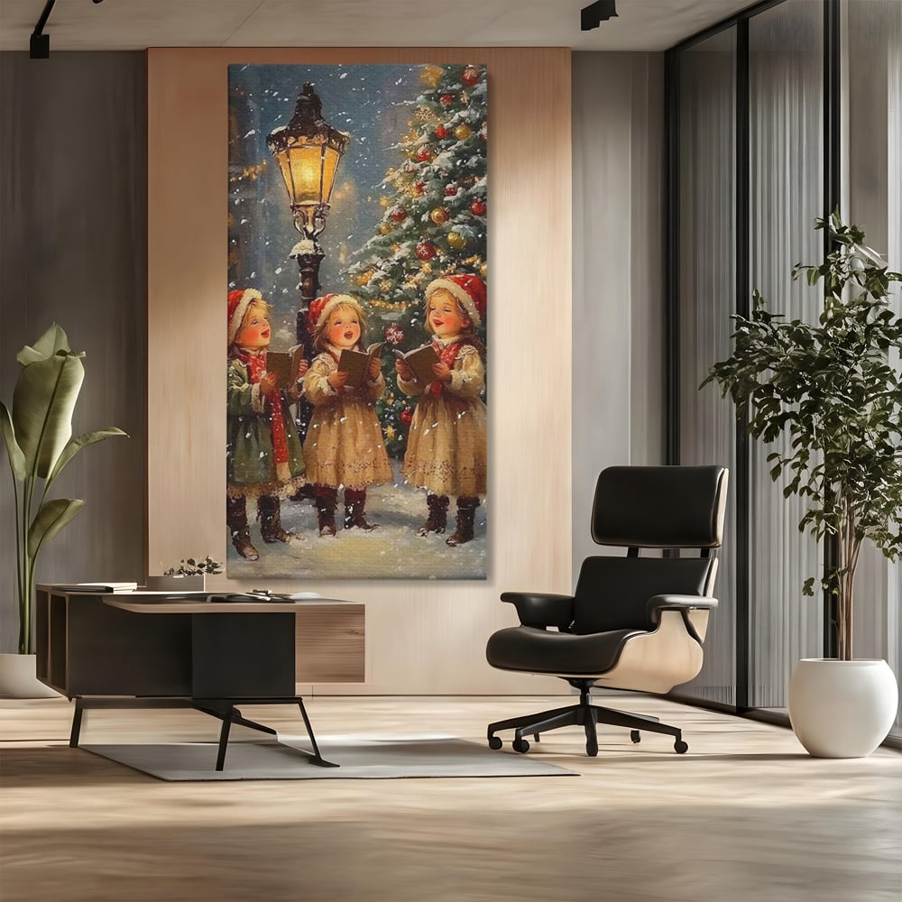 Fotoleinwand Leinwand Premium, LuxCanva® D1129, Sternsinger in der Heiligen Nacht, Weihnachtslieder, Winter, Magie, Singen, Mädchen, Kindheit, Kindheit, Felinar, Tanne, Lächeln, Tradition, Emotion, Wohnen, Schlafzimmer