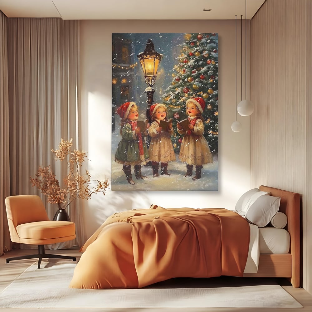 Fotoleinwand Leinwand Premium, LuxCanva® D1129, Sternsinger in der Heiligen Nacht, Weihnachtslieder, Winter, Magie, Singen, Mädchen, Kindheit, Kindheit, Felinar, Tanne, Lächeln, Tradition, Emotion, Wohnen, Schlafzimmer