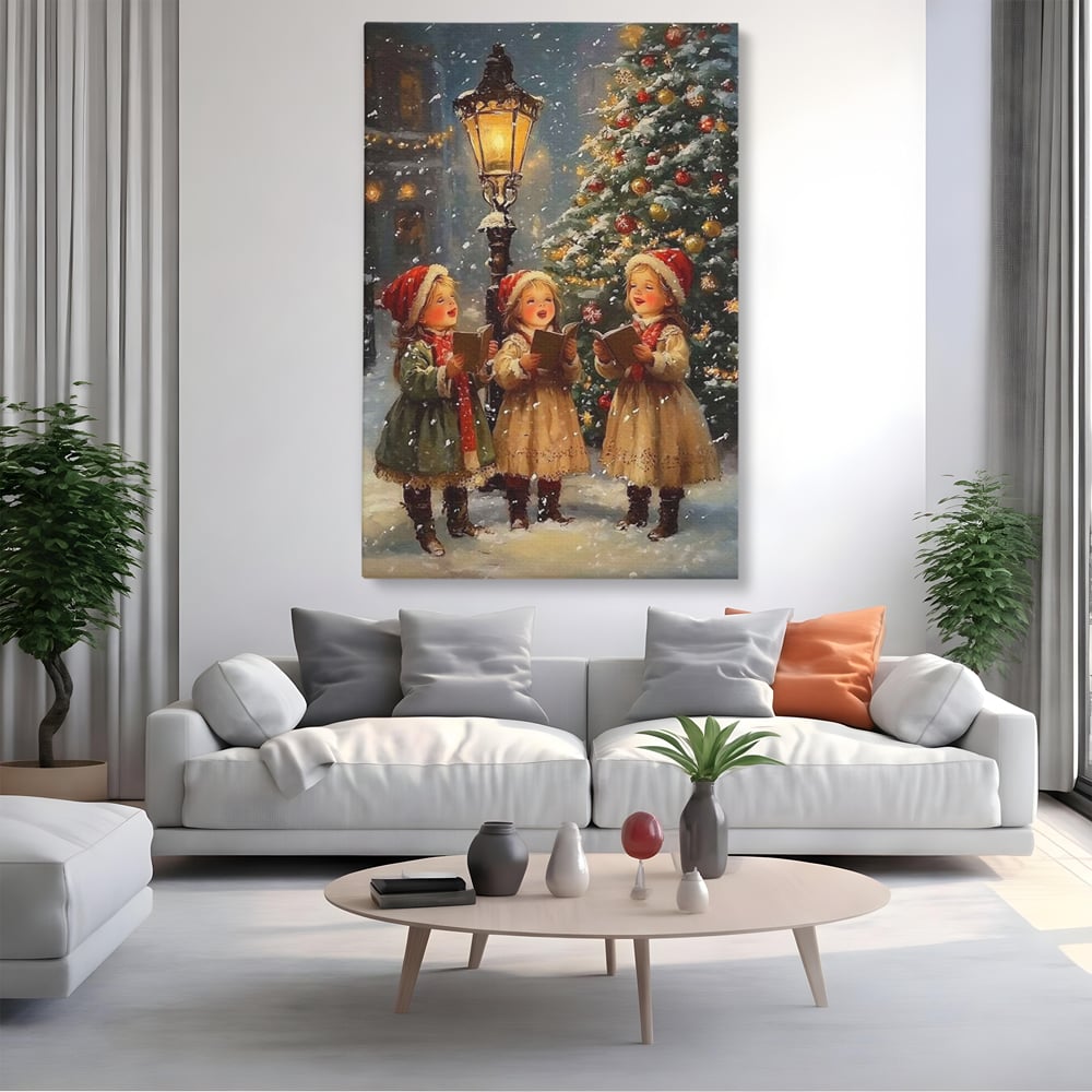 Fotoleinwand Leinwand Premium, LuxCanva® D1129, Sternsinger in der Heiligen Nacht, Weihnachtslieder, Winter, Magie, Singen, Mädchen, Kindheit, Kindheit, Felinar, Tanne, Lächeln, Tradition, Emotion, Wohnen, Schlafzimmer
