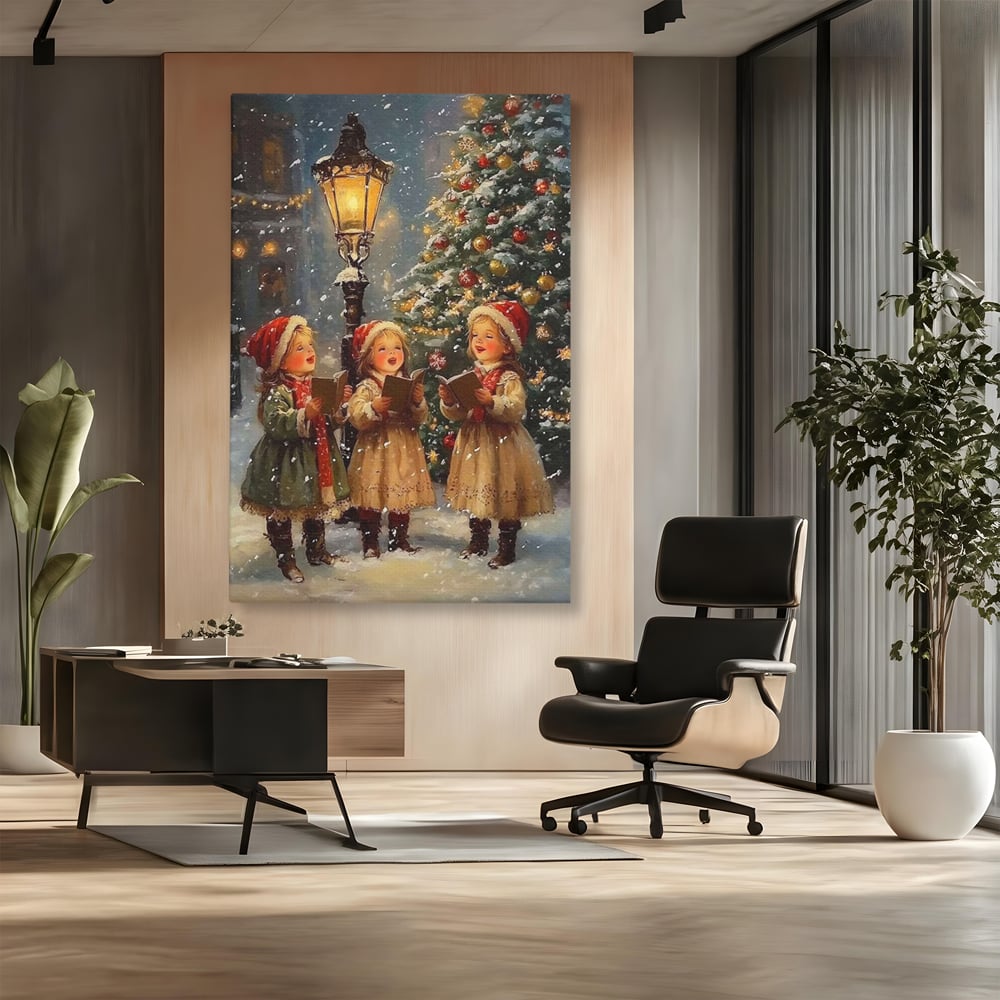 Fotoleinwand Leinwand Premium, LuxCanva® D1129, Sternsinger in der Heiligen Nacht, Weihnachtslieder, Winter, Magie, Singen, Mädchen, Kindheit, Kindheit, Felinar, Tanne, Lächeln, Tradition, Emotion, Wohnen, Schlafzimmer