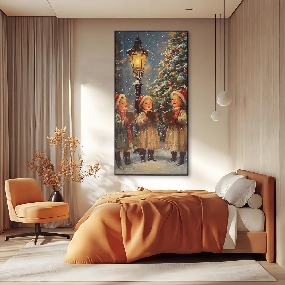 Fotoleinwand Leinwand Premium, LuxCanva® D1129, Sternsinger in der Heiligen Nacht, Weihnachtslieder, Winter, Magie, Singen, Mädchen, Kindheit, Kindheit, Felinar, Tanne, Lächeln, Tradition, Emotion, Wohnen, Schlafzimmer