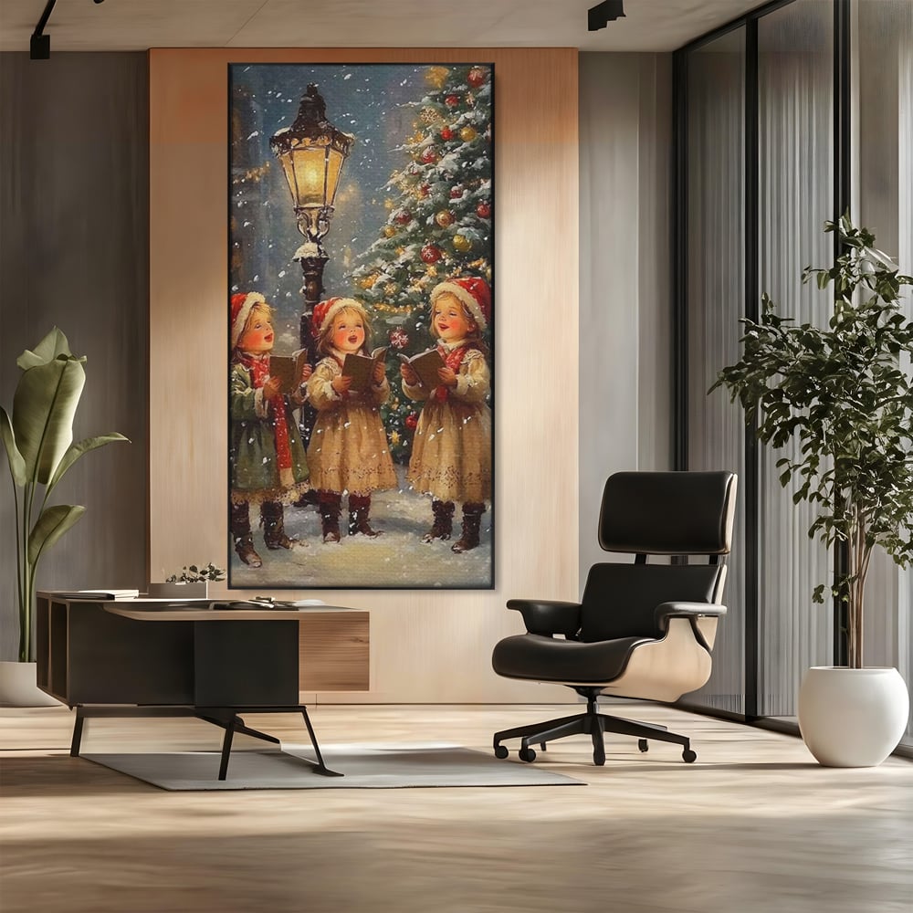 Fotoleinwand Leinwand Premium, LuxCanva® D1129, Sternsinger in der Heiligen Nacht, Weihnachtslieder, Winter, Magie, Singen, Mädchen, Kindheit, Kindheit, Felinar, Tanne, Lächeln, Tradition, Emotion, Wohnen, Schlafzimmer