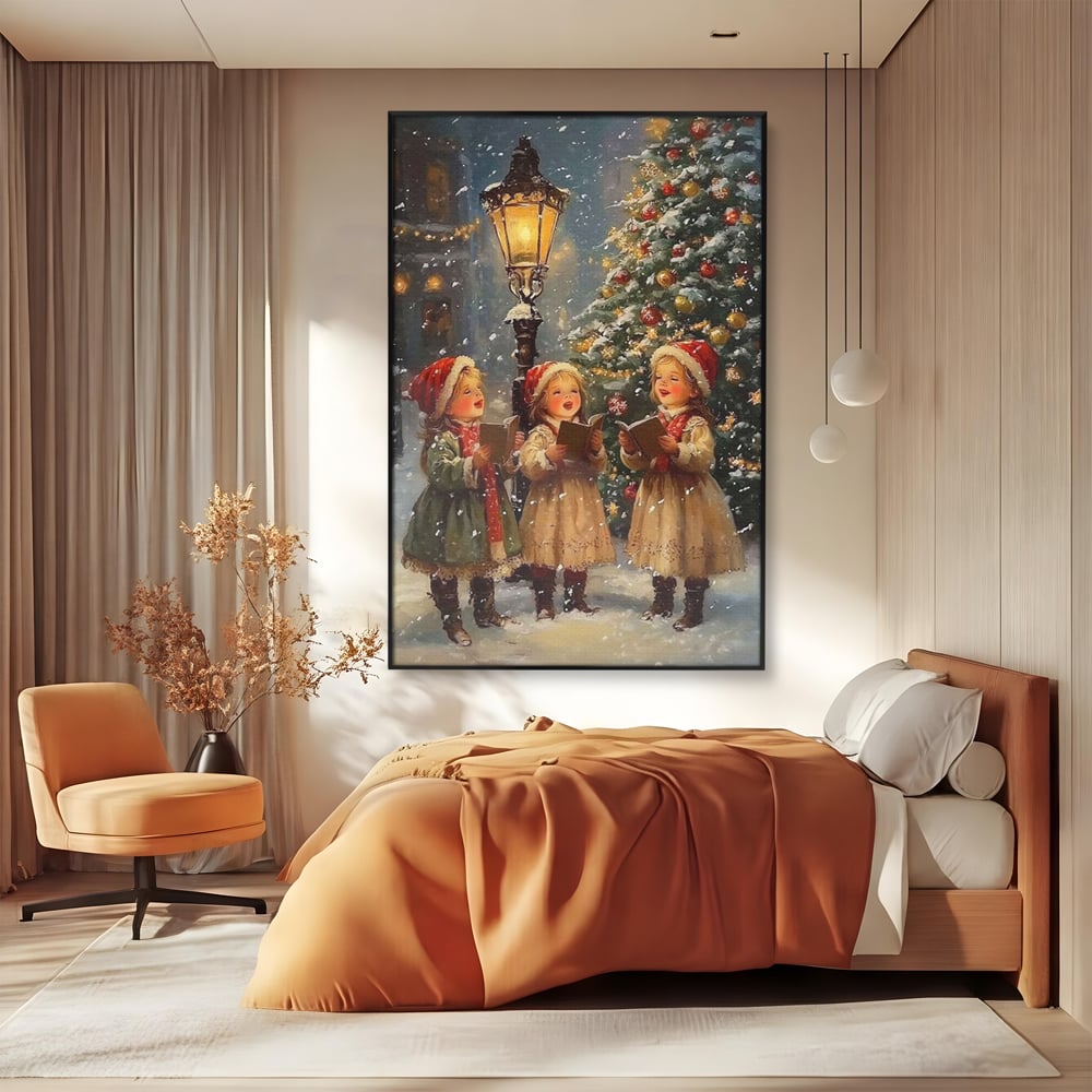 Fotoleinwand Leinwand Premium, LuxCanva® D1129, Sternsinger in der Heiligen Nacht, Weihnachtslieder, Winter, Magie, Singen, Mädchen, Kindheit, Kindheit, Felinar, Tanne, Lächeln, Tradition, Emotion, Wohnen, Schlafzimmer