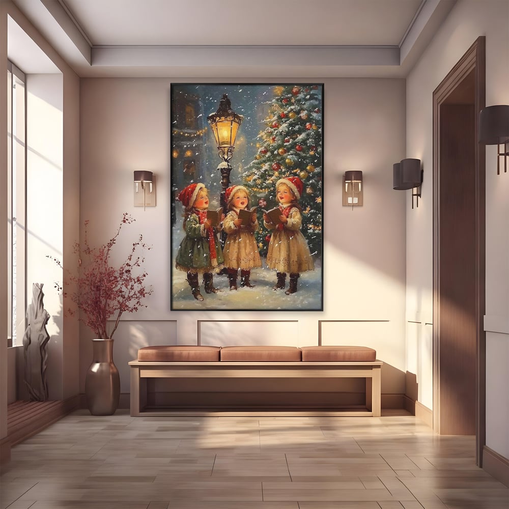 Fotoleinwand Leinwand Premium, LuxCanva® D1129, Sternsinger in der Heiligen Nacht, Weihnachtslieder, Winter, Magie, Singen, Mädchen, Kindheit, Kindheit, Felinar, Tanne, Lächeln, Tradition, Emotion, Wohnen, Schlafzimmer
