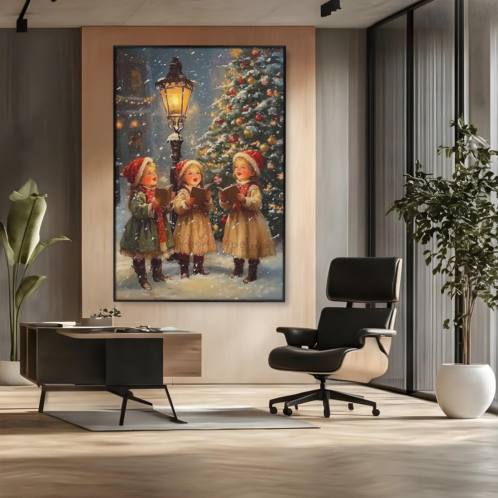 Fotoleinwand Leinwand Premium, LuxCanva® D1129, Sternsinger in der Heiligen Nacht, Weihnachtslieder, Winter, Magie, Singen, Mädchen, Kindheit, Kindheit, Felinar, Tanne, Lächeln, Tradition, Emotion, Wohnen, Schlafzimmer