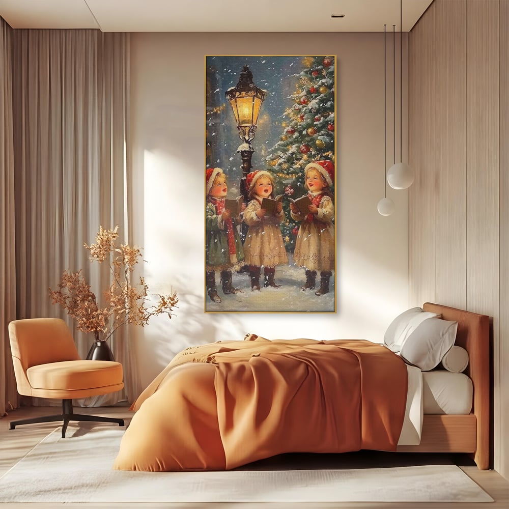 Fotoleinwand Leinwand Premium, LuxCanva® D1129, Sternsinger in der Heiligen Nacht, Weihnachtslieder, Winter, Magie, Singen, Mädchen, Kindheit, Kindheit, Felinar, Tanne, Lächeln, Tradition, Emotion, Wohnen, Schlafzimmer