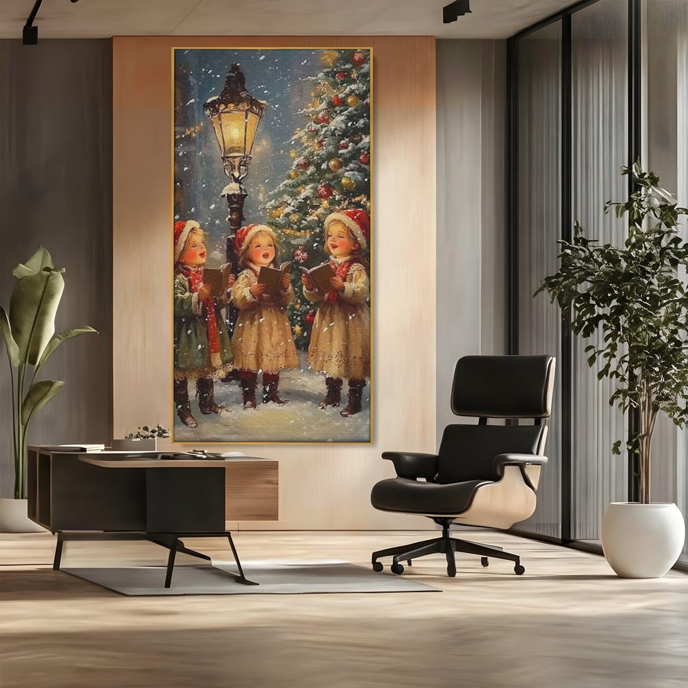 Fotoleinwand Leinwand Premium, LuxCanva® D1129, Sternsinger in der Heiligen Nacht, Weihnachtslieder, Winter, Magie, Singen, Mädchen, Kindheit, Kindheit, Felinar, Tanne, Lächeln, Tradition, Emotion, Wohnen, Schlafzimmer