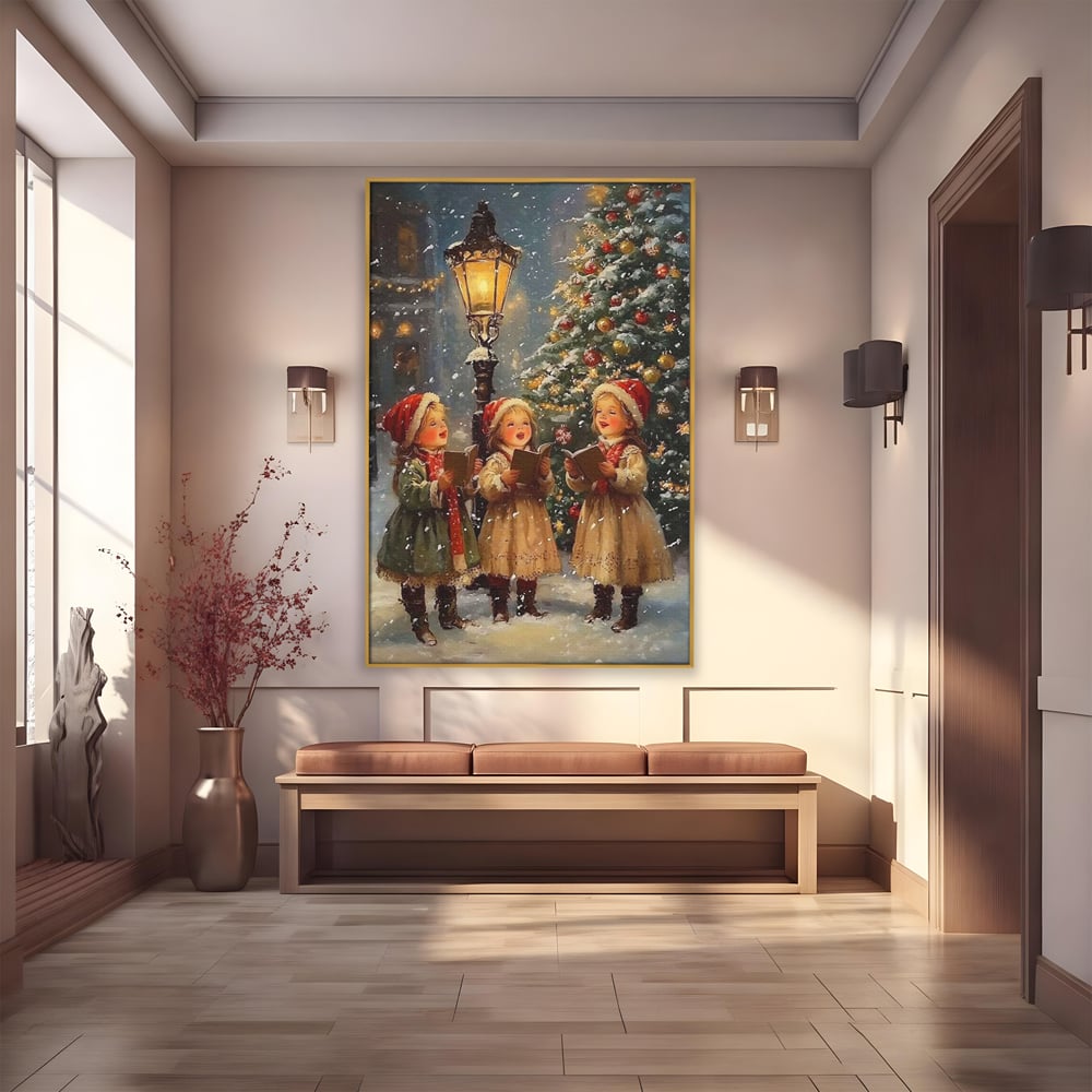 Fotoleinwand Leinwand Premium, LuxCanva® D1129, Sternsinger in der Heiligen Nacht, Weihnachtslieder, Winter, Magie, Singen, Mädchen, Kindheit, Kindheit, Felinar, Tanne, Lächeln, Tradition, Emotion, Wohnen, Schlafzimmer