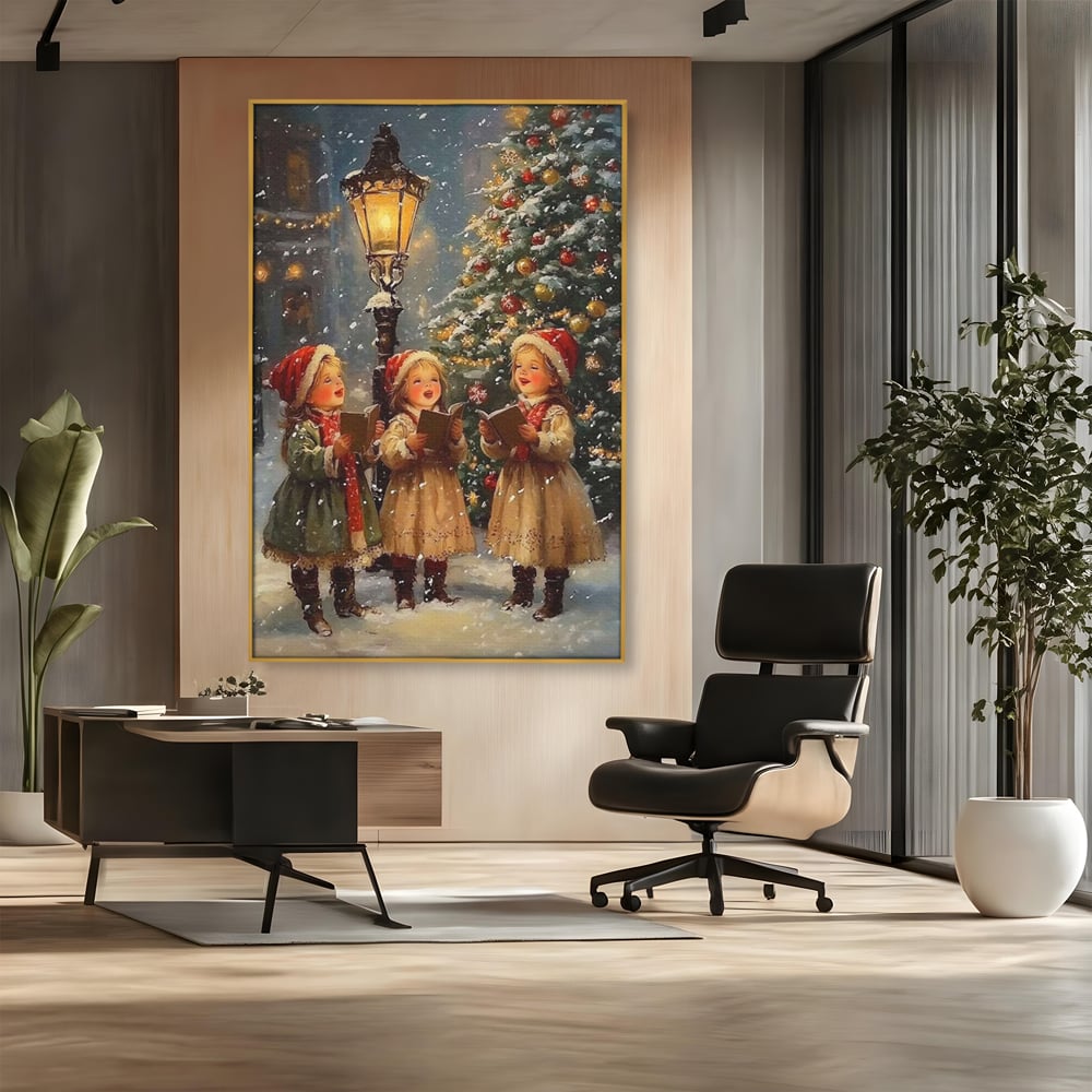 Fotoleinwand Leinwand Premium, LuxCanva® D1129, Sternsinger in der Heiligen Nacht, Weihnachtslieder, Winter, Magie, Singen, Mädchen, Kindheit, Kindheit, Felinar, Tanne, Lächeln, Tradition, Emotion, Wohnen, Schlafzimmer