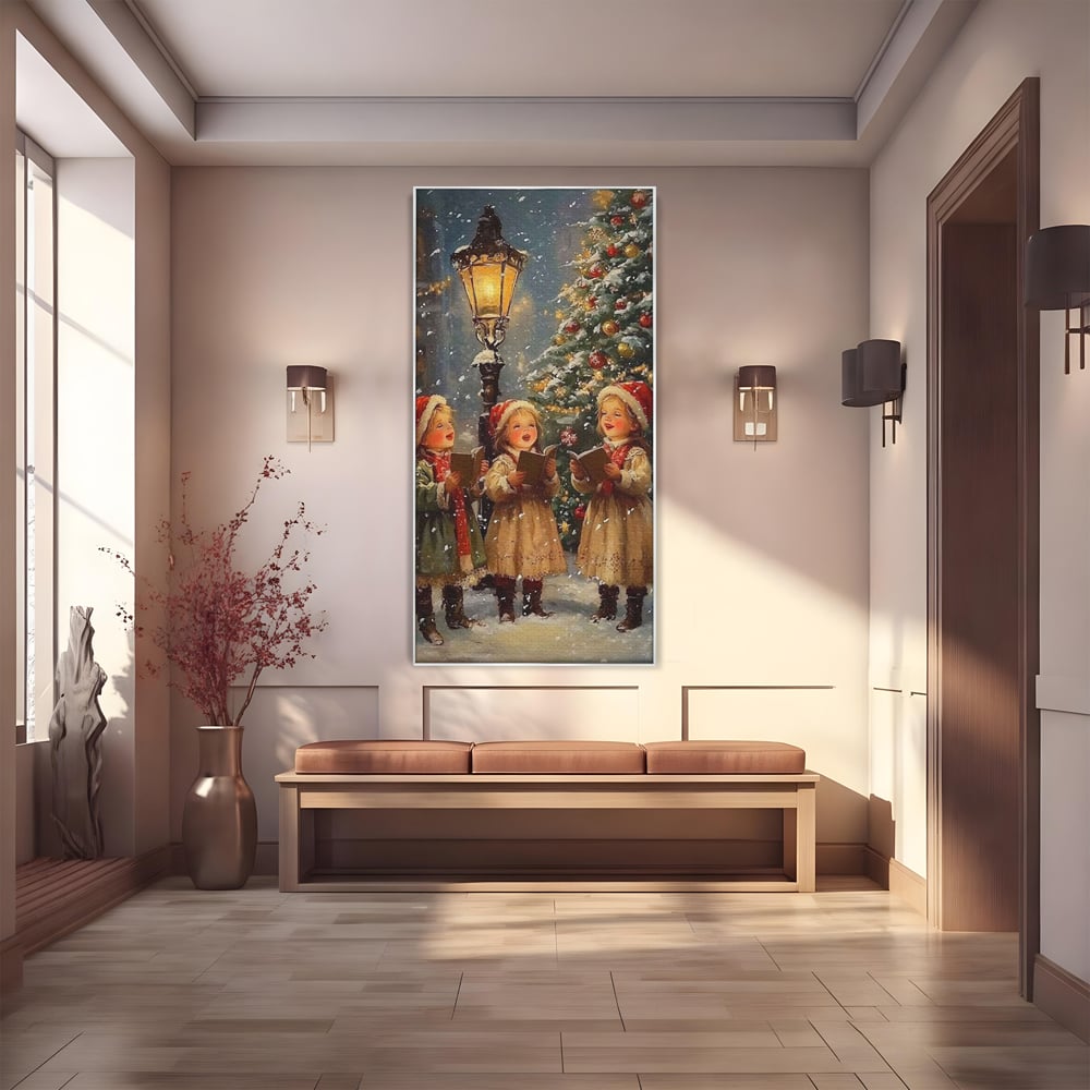 Fotoleinwand Leinwand Premium, LuxCanva® D1129, Sternsinger in der Heiligen Nacht, Weihnachtslieder, Winter, Magie, Singen, Mädchen, Kindheit, Kindheit, Felinar, Tanne, Lächeln, Tradition, Emotion, Wohnen, Schlafzimmer