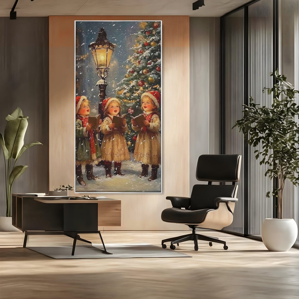 Fotoleinwand Leinwand Premium, LuxCanva® D1129, Sternsinger in der Heiligen Nacht, Weihnachtslieder, Winter, Magie, Singen, Mädchen, Kindheit, Kindheit, Felinar, Tanne, Lächeln, Tradition, Emotion, Wohnen, Schlafzimmer