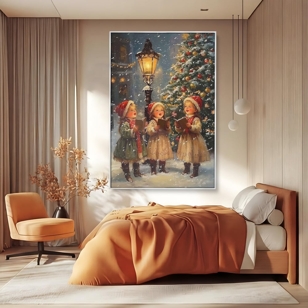 Fotoleinwand Leinwand Premium, LuxCanva® D1129, Sternsinger in der Heiligen Nacht, Weihnachtslieder, Winter, Magie, Singen, Mädchen, Kindheit, Kindheit, Felinar, Tanne, Lächeln, Tradition, Emotion, Wohnen, Schlafzimmer