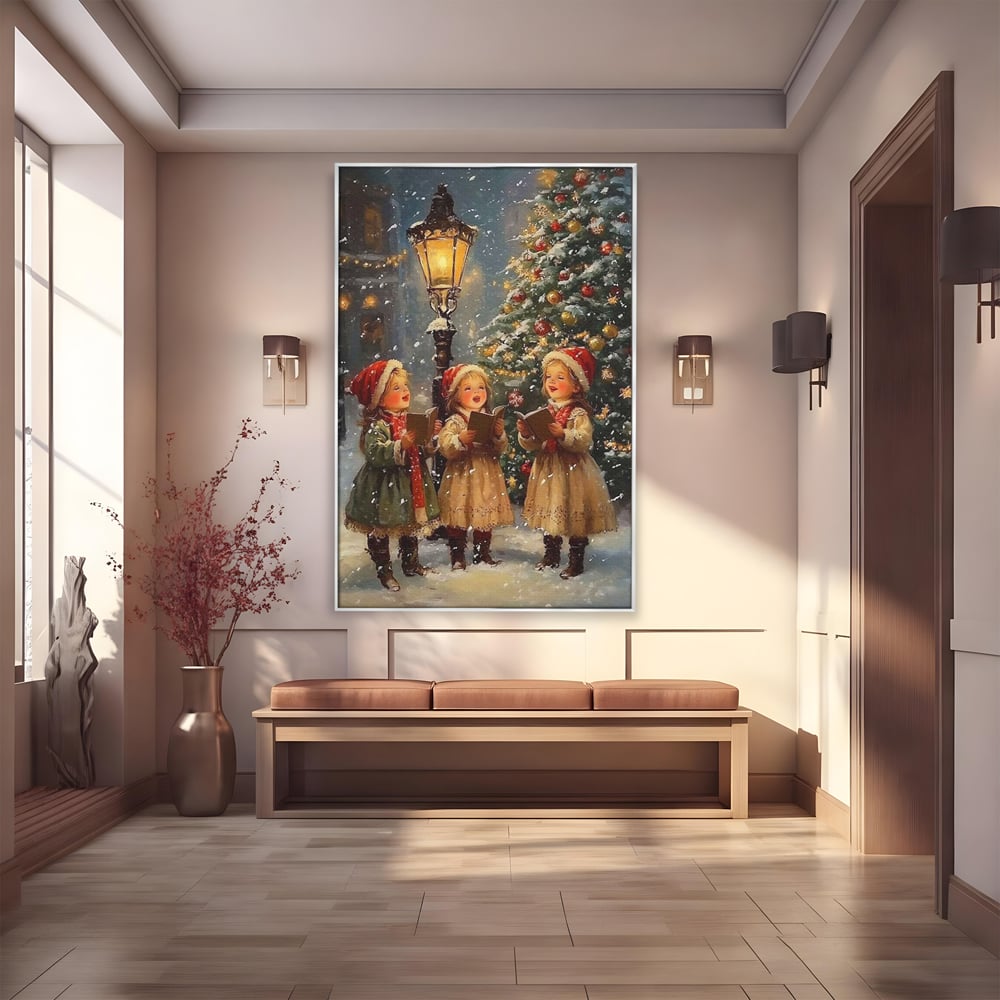 Fotoleinwand Leinwand Premium, LuxCanva® D1129, Sternsinger in der Heiligen Nacht, Weihnachtslieder, Winter, Magie, Singen, Mädchen, Kindheit, Kindheit, Felinar, Tanne, Lächeln, Tradition, Emotion, Wohnen, Schlafzimmer