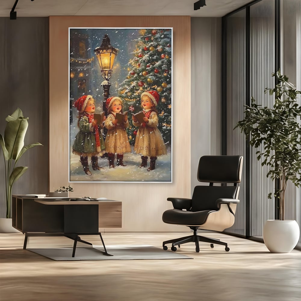 Fotoleinwand Leinwand Premium, LuxCanva® D1129, Sternsinger in der Heiligen Nacht, Weihnachtslieder, Winter, Magie, Singen, Mädchen, Kindheit, Kindheit, Felinar, Tanne, Lächeln, Tradition, Emotion, Wohnen, Schlafzimmer