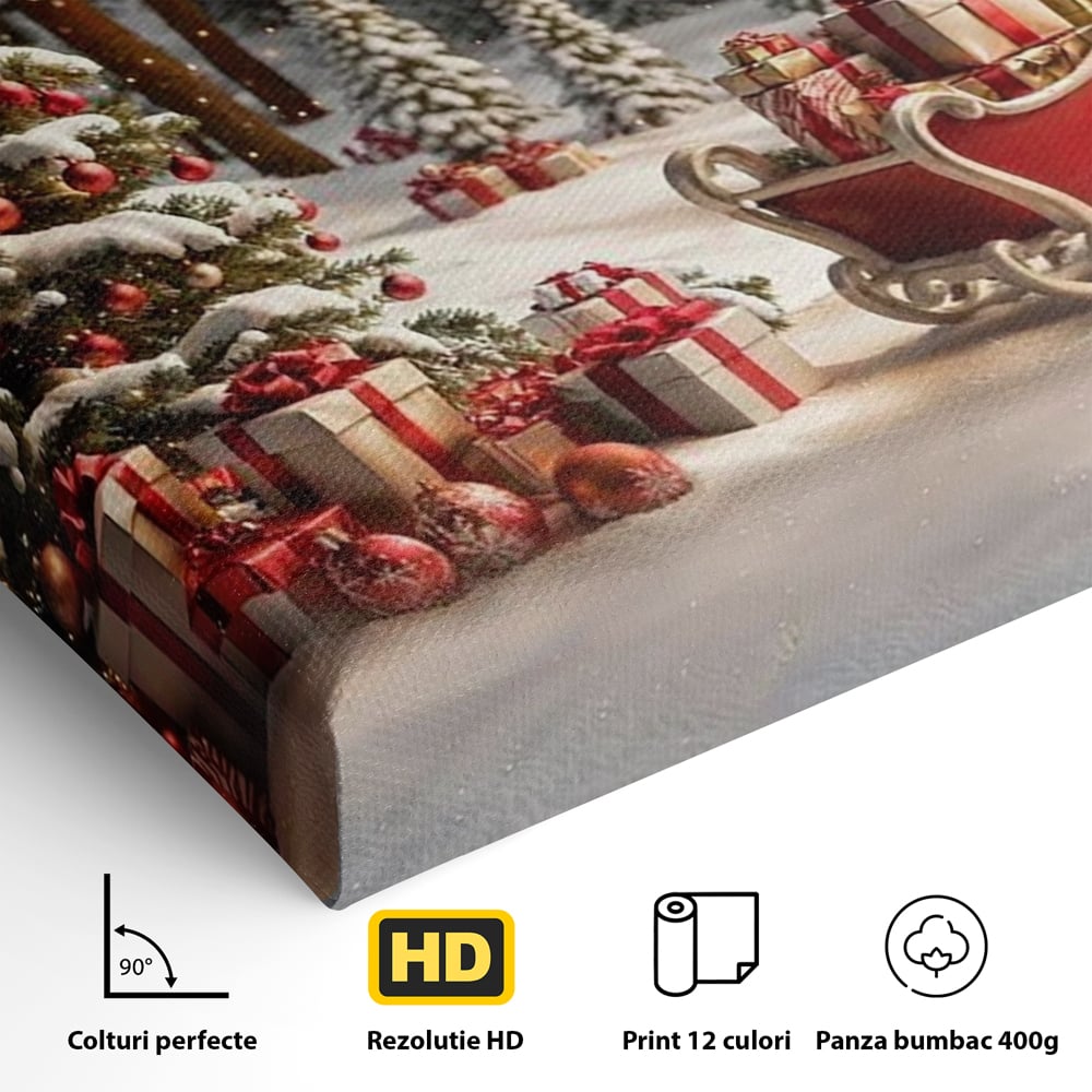 Tablou Canvas Premium, LuxCanva® D1130, Sania Fermecata a Craciunului, Sanie, Desaga, Cadouri, Noapte, Ajun, Reni, Zbor, Casuta, Padure, Poveste, Iarna, Living, Dormitor