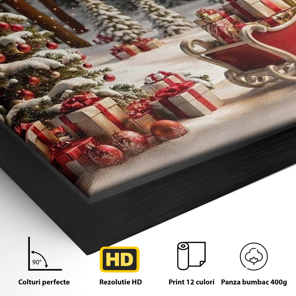 Tablou Canvas Premium, LuxCanva® D1130, Sania Fermecata a Craciunului, Sanie, Desaga, Cadouri, Noapte, Ajun, Reni, Zbor, Casuta, Padure, Poveste, Iarna, Living, Dormitor