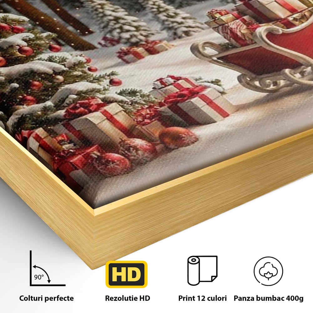 Tablou Canvas Premium, LuxCanva® D1130, Sania Fermecata a Craciunului, Sanie, Desaga, Cadouri, Noapte, Ajun, Reni, Zbor, Casuta, Padure, Poveste, Iarna, Living, Dormitor
