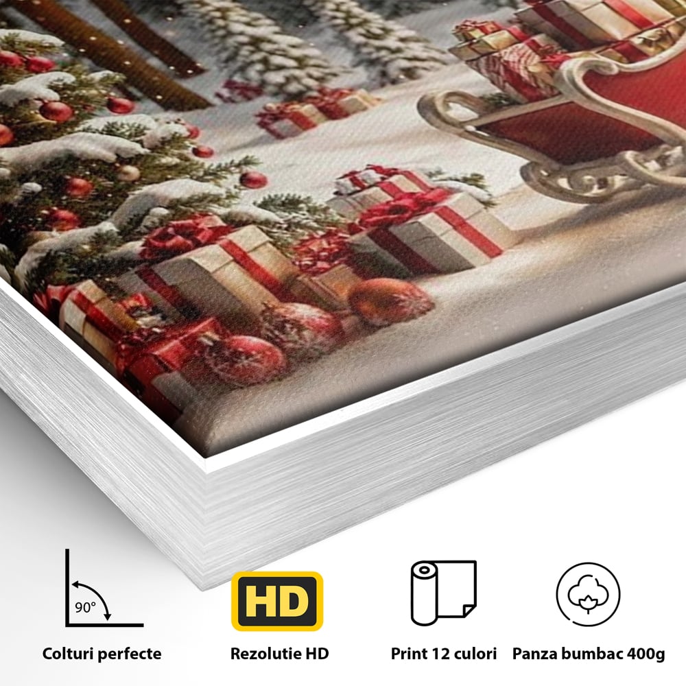 Tablou Canvas Premium, LuxCanva® D1130, Sania Fermecata a Craciunului, Sanie, Desaga, Cadouri, Noapte, Ajun, Reni, Zbor, Casuta, Padure, Poveste, Iarna, Living, Dormitor