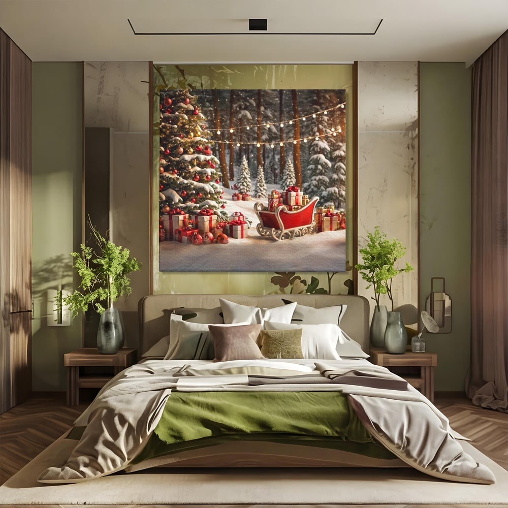 Tablou Canvas Premium, LuxCanva® D1130, Sania Fermecata a Craciunului, Sanie, Desaga, Cadouri, Noapte, Ajun, Reni, Zbor, Casuta, Padure, Poveste, Iarna, Living, Dormitor