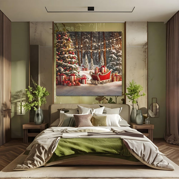 Tablou Canvas Premium, LuxCanva® D1130, Sania Fermecata a Craciunului, Sanie, Desaga, Cadouri, Noapte, Ajun, Reni, Zbor, Casuta, Padure, Poveste, Iarna, Living, Dormitor