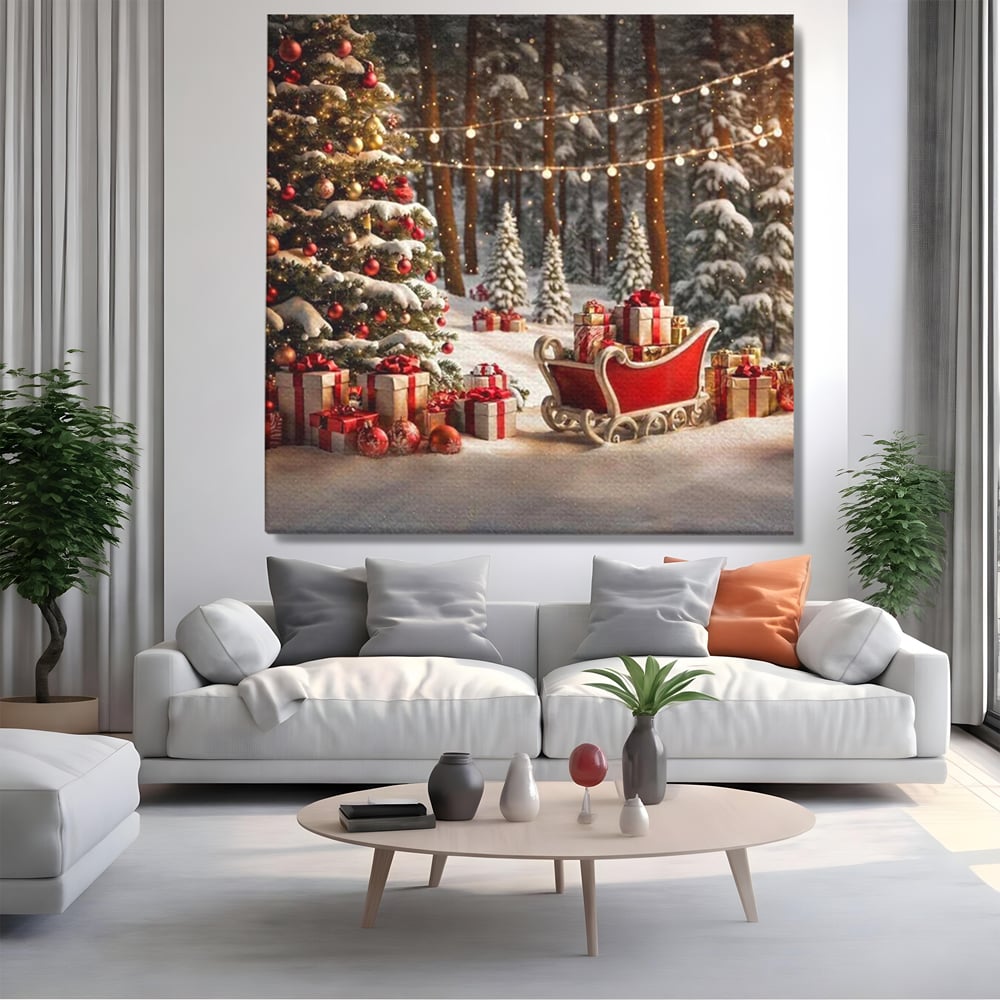 Tablou Canvas Premium, LuxCanva® D1130, Sania Fermecata a Craciunului, Sanie, Desaga, Cadouri, Noapte, Ajun, Reni, Zbor, Casuta, Padure, Poveste, Iarna, Living, Dormitor