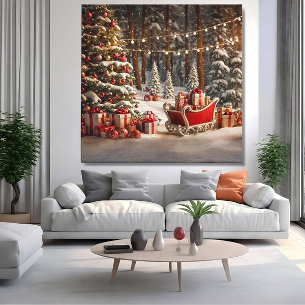 Tablou Canvas Premium, LuxCanva® D1130, Sania Fermecata a Craciunului, Sanie, Desaga, Cadouri, Noapte, Ajun, Reni, Zbor, Casuta, Padure, Poveste, Iarna, Living, Dormitor