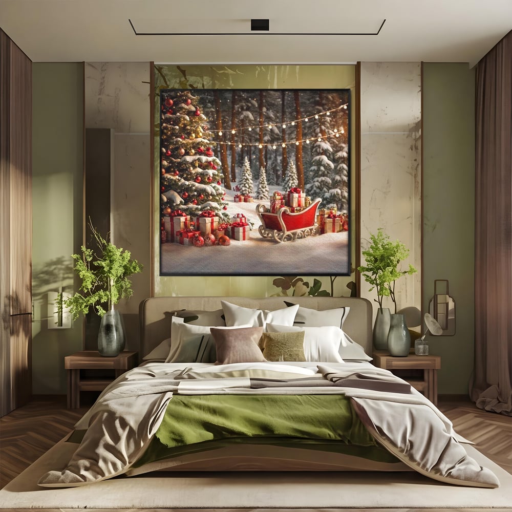 Tablou Canvas Premium, LuxCanva® D1130, Sania Fermecata a Craciunului, Sanie, Desaga, Cadouri, Noapte, Ajun, Reni, Zbor, Casuta, Padure, Poveste, Iarna, Living, Dormitor