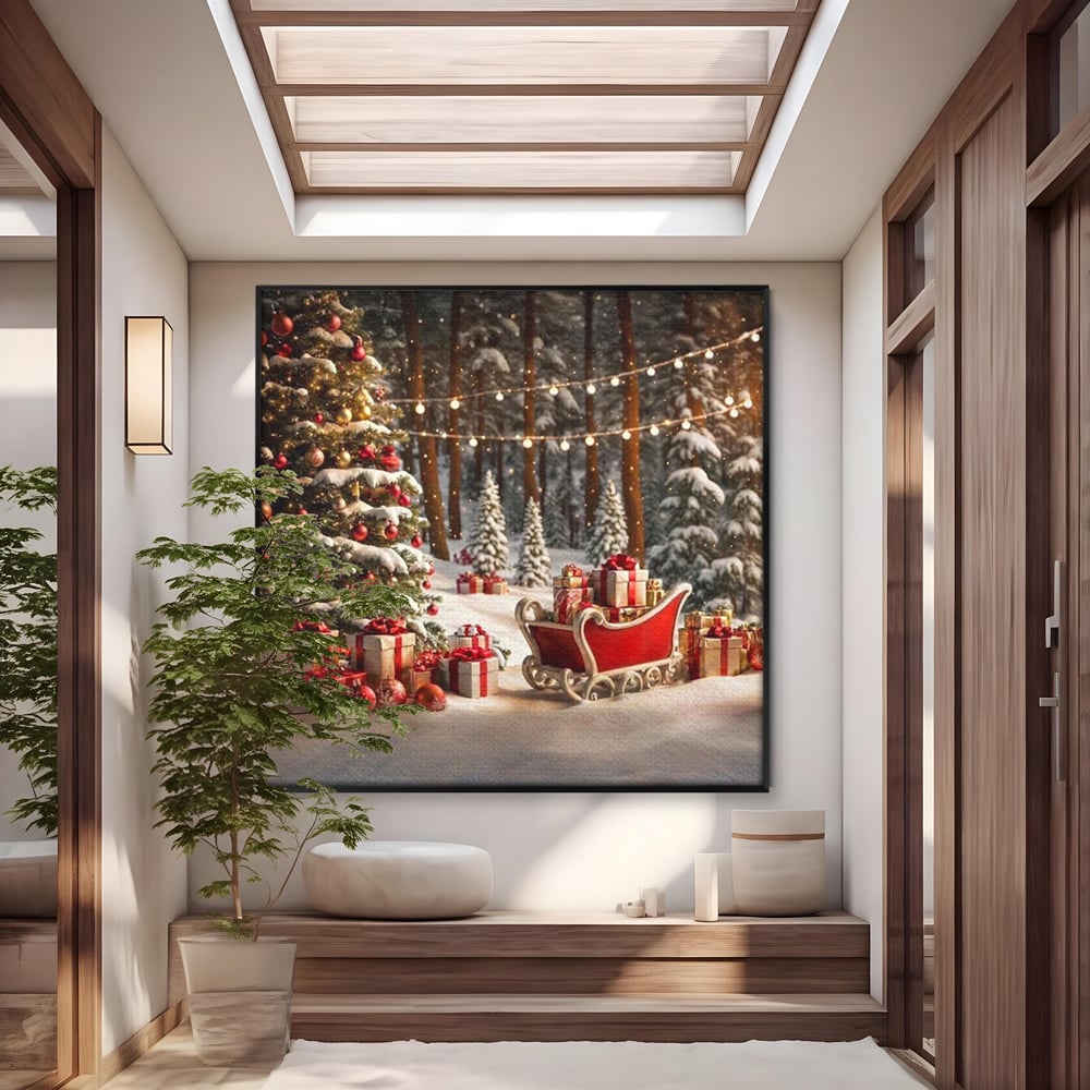 Tablou Canvas Premium, LuxCanva® D1130, Sania Fermecata a Craciunului, Sanie, Desaga, Cadouri, Noapte, Ajun, Reni, Zbor, Casuta, Padure, Poveste, Iarna, Living, Dormitor