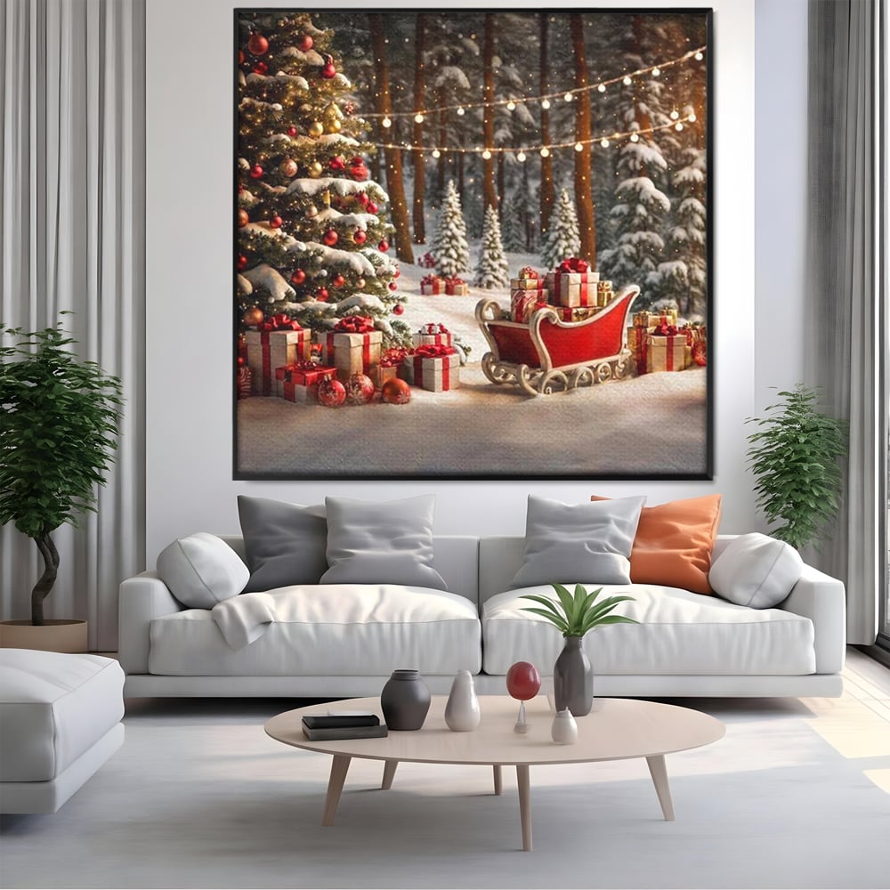 Tablou Canvas Premium, LuxCanva® D1130, Sania Fermecata a Craciunului, Sanie, Desaga, Cadouri, Noapte, Ajun, Reni, Zbor, Casuta, Padure, Poveste, Iarna, Living, Dormitor
