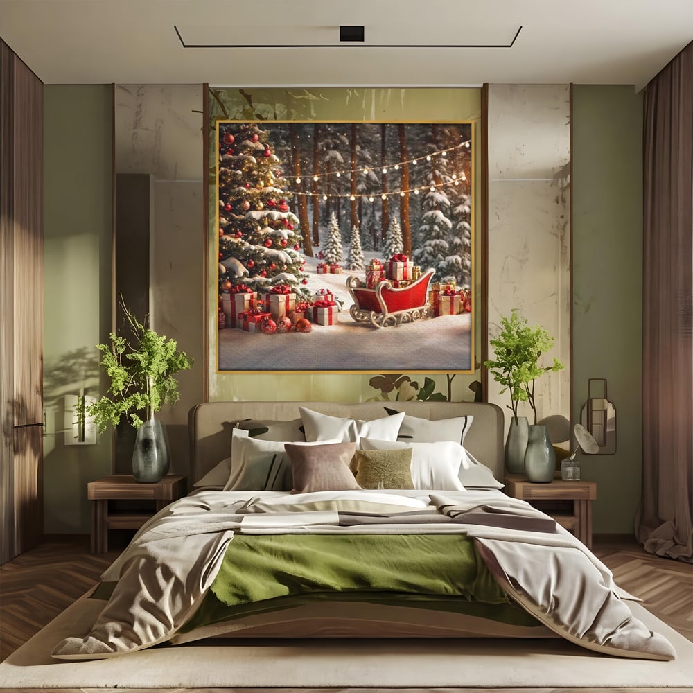 Tablou Canvas Premium, LuxCanva® D1130, Sania Fermecata a Craciunului, Sanie, Desaga, Cadouri, Noapte, Ajun, Reni, Zbor, Casuta, Padure, Poveste, Iarna, Living, Dormitor