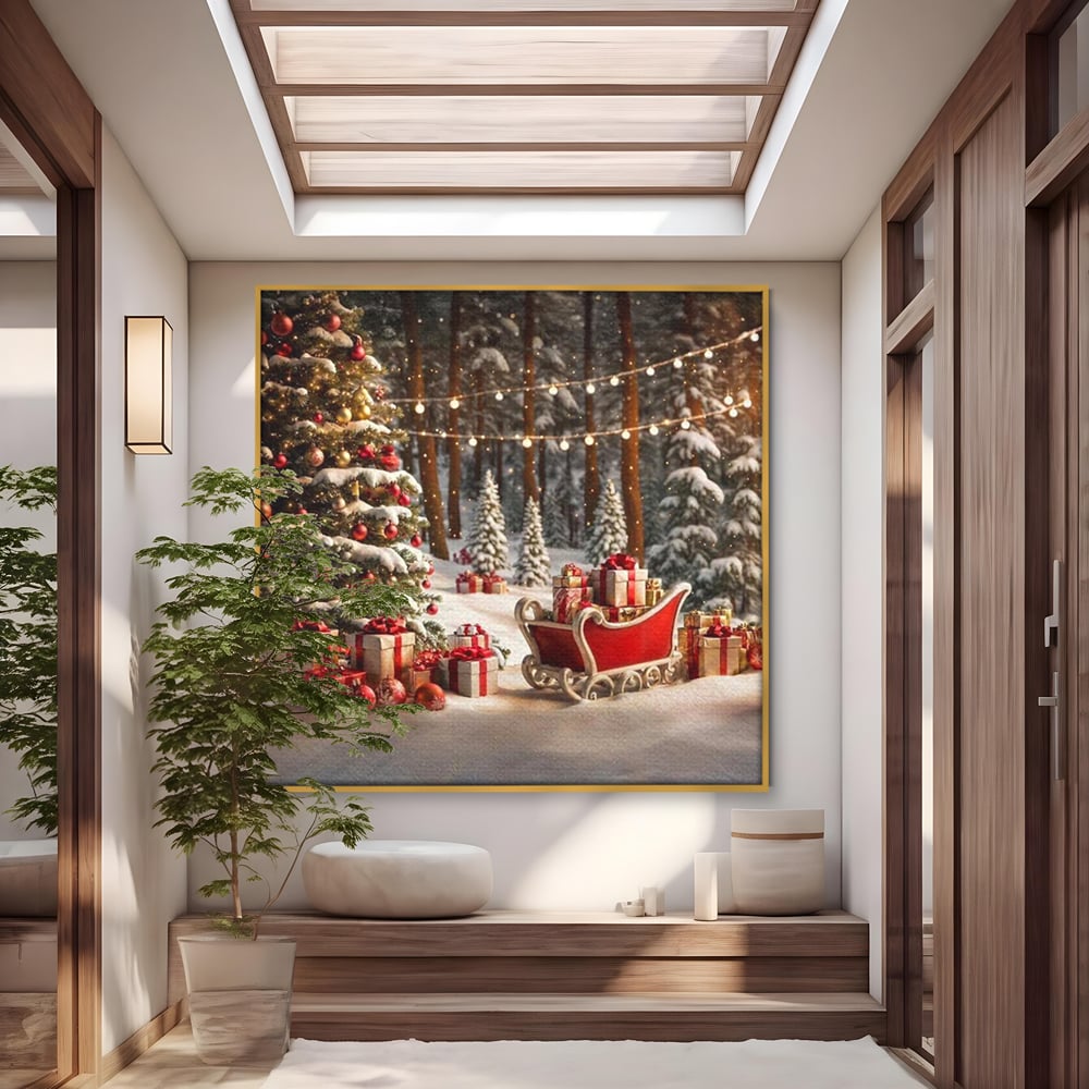 Tablou Canvas Premium, LuxCanva® D1130, Sania Fermecata a Craciunului, Sanie, Desaga, Cadouri, Noapte, Ajun, Reni, Zbor, Casuta, Padure, Poveste, Iarna, Living, Dormitor
