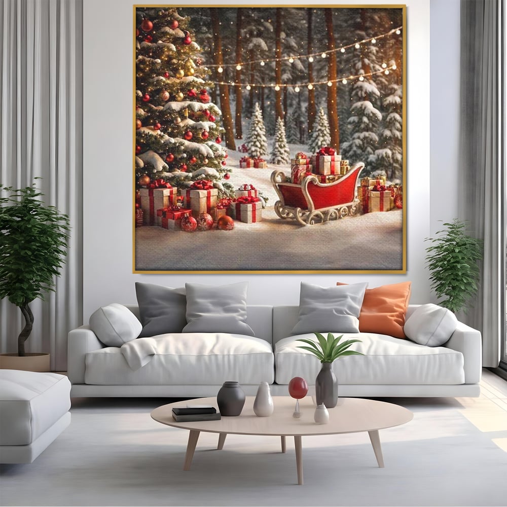 Tablou Canvas Premium, LuxCanva® D1130, Sania Fermecata a Craciunului, Sanie, Desaga, Cadouri, Noapte, Ajun, Reni, Zbor, Casuta, Padure, Poveste, Iarna, Living, Dormitor