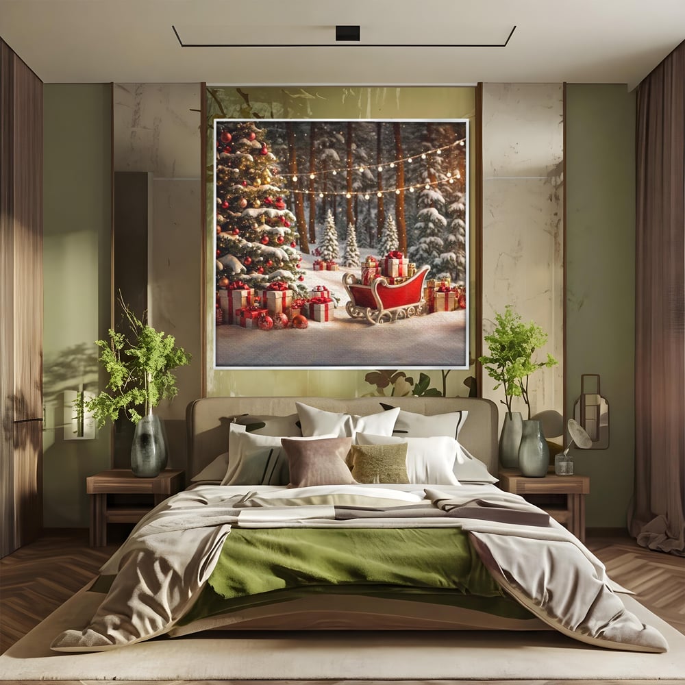 Tablou Canvas Premium, LuxCanva® D1130, Sania Fermecata a Craciunului, Sanie, Desaga, Cadouri, Noapte, Ajun, Reni, Zbor, Casuta, Padure, Poveste, Iarna, Living, Dormitor