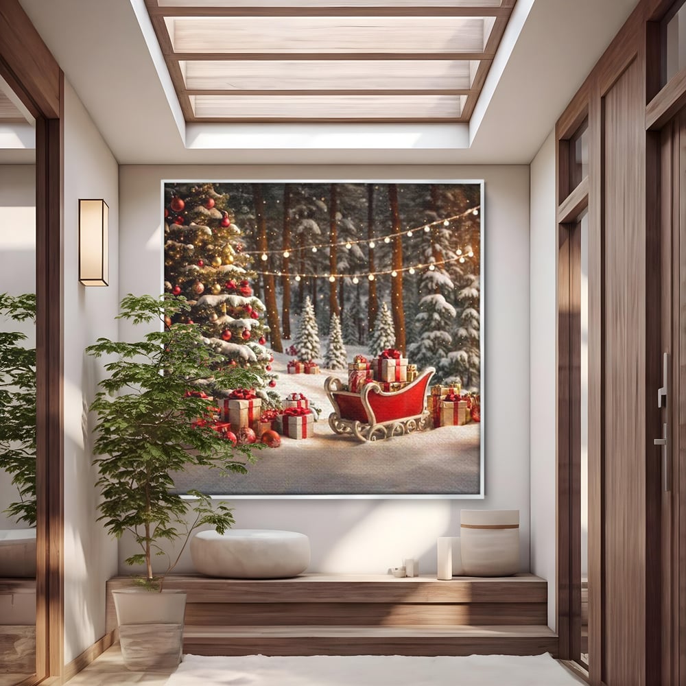 Tablou Canvas Premium, LuxCanva® D1130, Sania Fermecata a Craciunului, Sanie, Desaga, Cadouri, Noapte, Ajun, Reni, Zbor, Casuta, Padure, Poveste, Iarna, Living, Dormitor