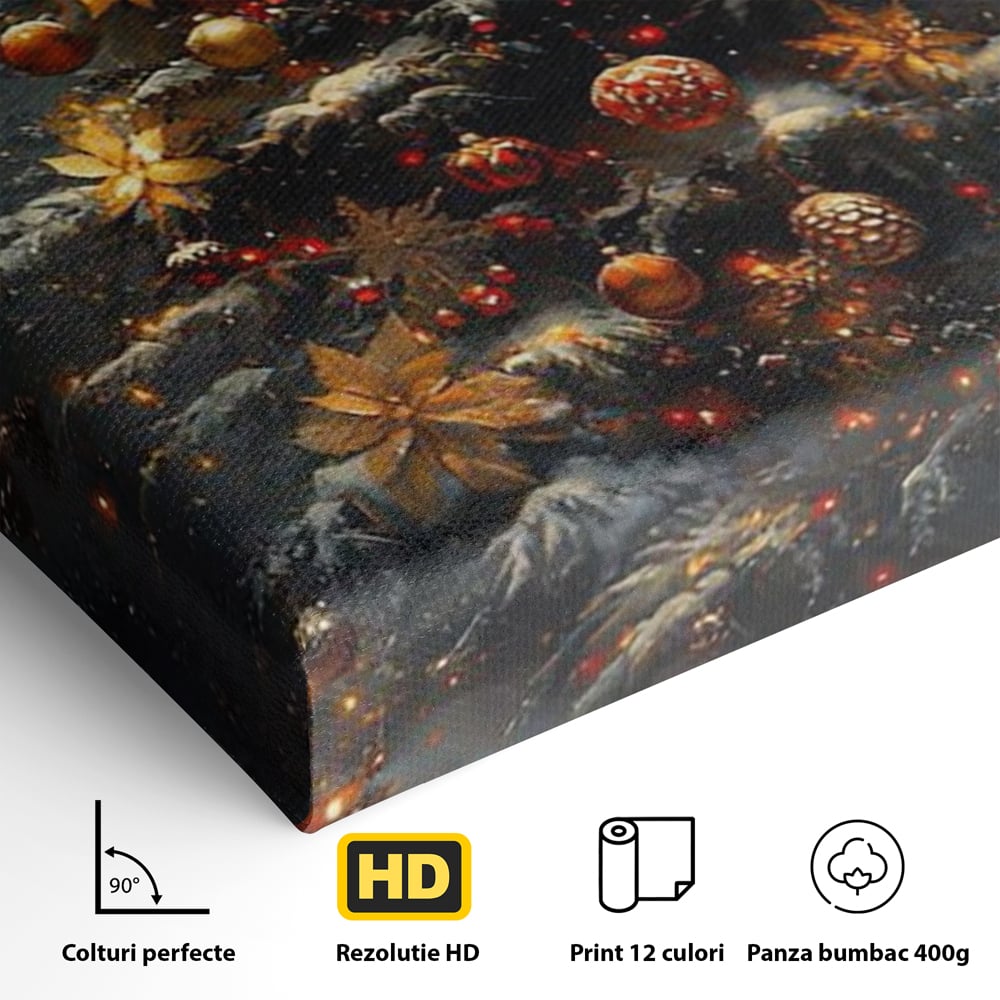 Tablou Canvas Premium, LuxCanva® D1132, Bradul Fermecat, Brad, Craciun, Luminite, Auriu, Decorat, Impodobit, Padure, Seara, Iarna, Festiv, Ninsoare, Living, Dormitor