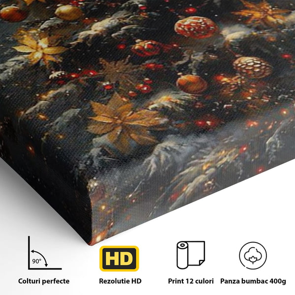 Tablou Canvas Premium, LuxCanva® D1132, Bradul Fermecat, Brad, Craciun, Luminite, Auriu, Decorat, Impodobit, Padure, Seara, Iarna, Festiv, Ninsoare, Living, Dormitor