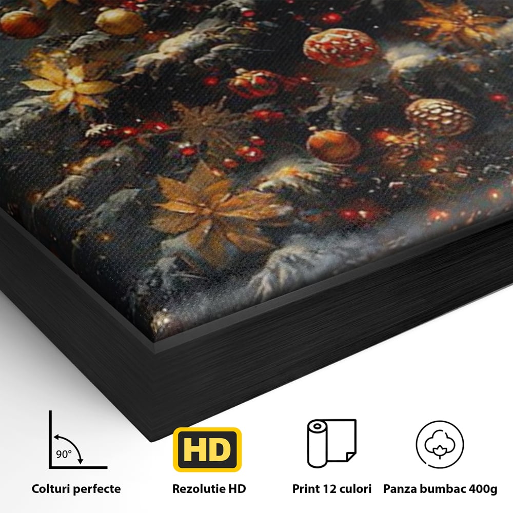 Tablou Canvas Premium, LuxCanva® D1132, Bradul Fermecat, Brad, Craciun, Luminite, Auriu, Decorat, Impodobit, Padure, Seara, Iarna, Festiv, Ninsoare, Living, Dormitor