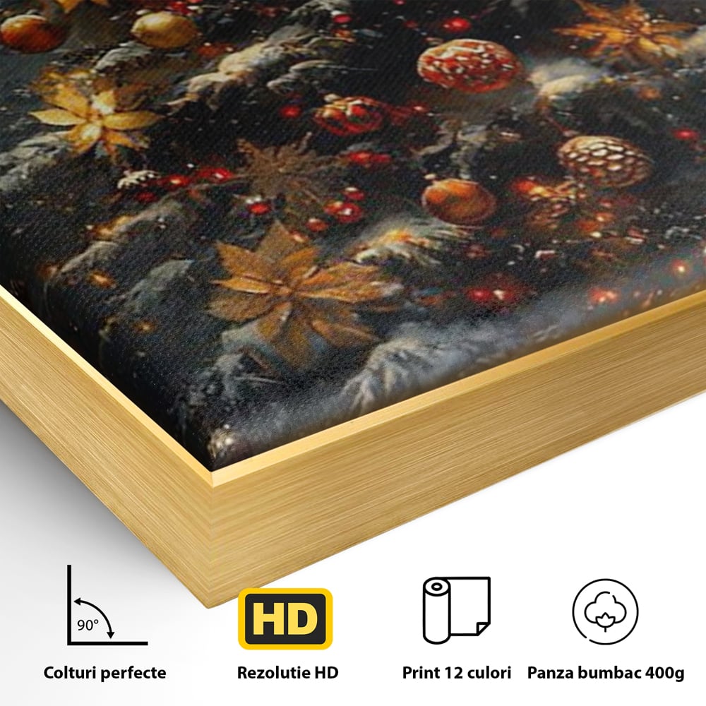 Tablou Canvas Premium, LuxCanva® D1132, Bradul Fermecat, Brad, Craciun, Luminite, Auriu, Decorat, Impodobit, Padure, Seara, Iarna, Festiv, Ninsoare, Living, Dormitor