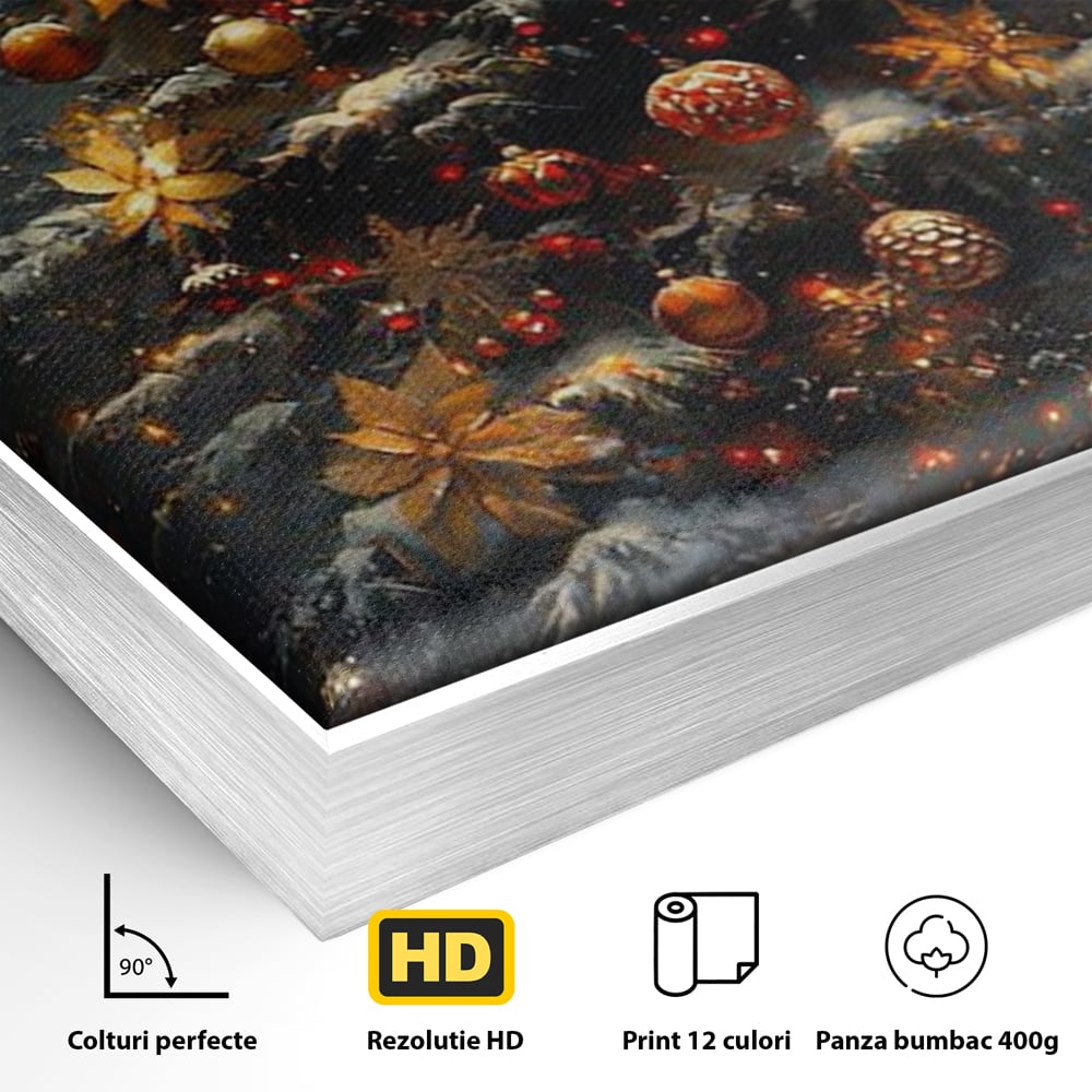 Tablou Canvas Premium, LuxCanva® D1132, Bradul Fermecat, Brad, Craciun, Luminite, Auriu, Decorat, Impodobit, Padure, Seara, Iarna, Festiv, Ninsoare, Living, Dormitor