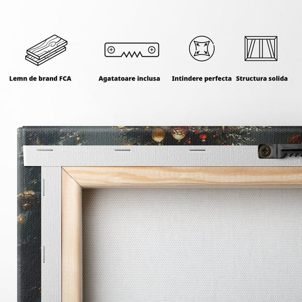 Tablou Canvas Premium, LuxCanva® D1132, Bradul Fermecat, Brad, Craciun, Luminite, Auriu, Decorat, Impodobit, Padure, Seara, Iarna, Festiv, Ninsoare, Living, Dormitor
