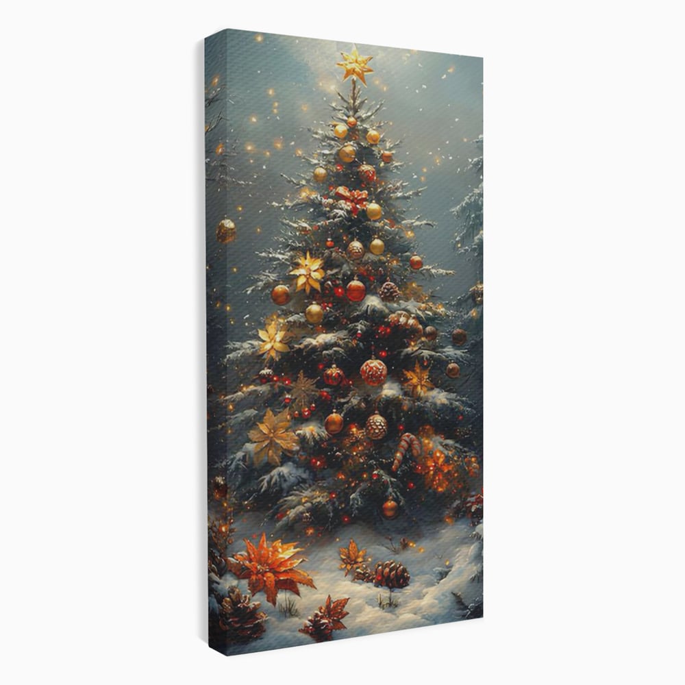 Tablou Canvas Premium, LuxCanva® D1132, Bradul Fermecat, Brad, Craciun, Luminite, Auriu, Decorat, Impodobit, Padure, Seara, Iarna, Festiv, Ninsoare, Living, Dormitor