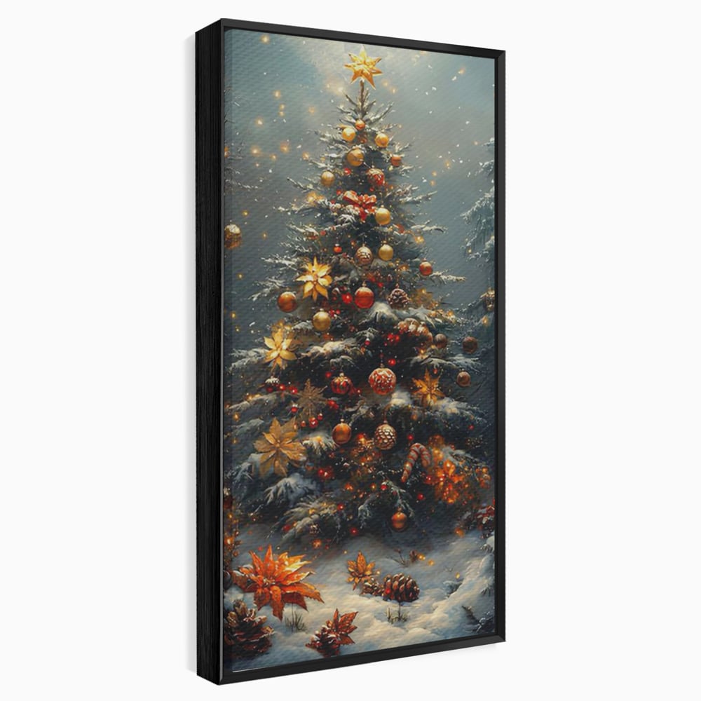 Tablou Canvas Premium, LuxCanva® D1132, Bradul Fermecat, Brad, Craciun, Luminite, Auriu, Decorat, Impodobit, Padure, Seara, Iarna, Festiv, Ninsoare, Living, Dormitor
