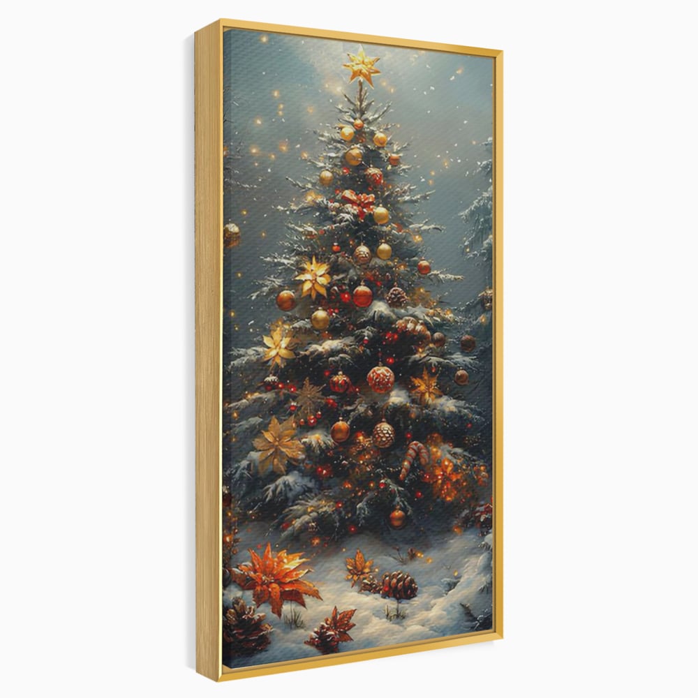Tablou Canvas Premium, LuxCanva® D1132, Bradul Fermecat, Brad, Craciun, Luminite, Auriu, Decorat, Impodobit, Padure, Seara, Iarna, Festiv, Ninsoare, Living, Dormitor
