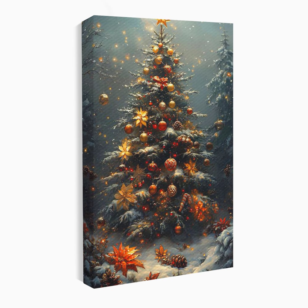 Tablou Canvas Premium, LuxCanva® D1132, Bradul Fermecat, Brad, Craciun, Luminite, Auriu, Decorat, Impodobit, Padure, Seara, Iarna, Festiv, Ninsoare, Living, Dormitor