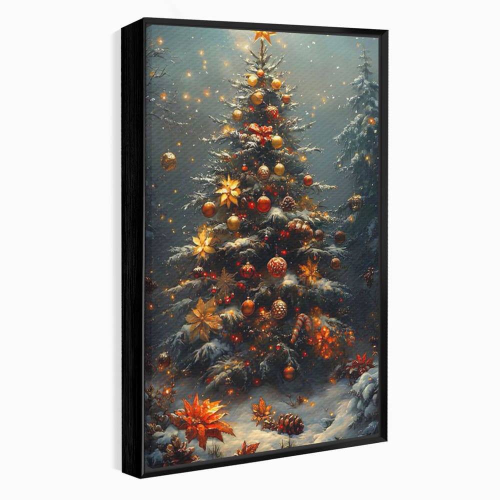 Tablou Canvas Premium, LuxCanva® D1132, Bradul Fermecat, Brad, Craciun, Luminite, Auriu, Decorat, Impodobit, Padure, Seara, Iarna, Festiv, Ninsoare, Living, Dormitor