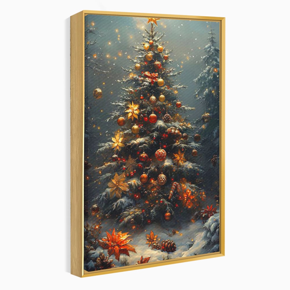 Tablou Canvas Premium, LuxCanva® D1132, Bradul Fermecat, Brad, Craciun, Luminite, Auriu, Decorat, Impodobit, Padure, Seara, Iarna, Festiv, Ninsoare, Living, Dormitor